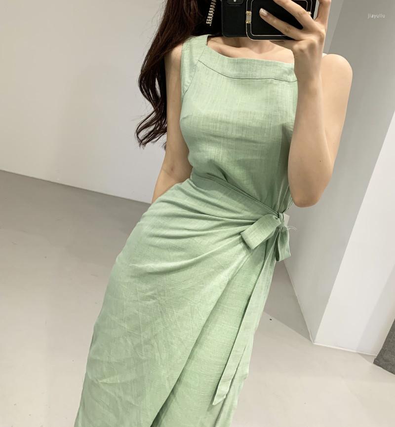 

Casual Dresses Retro Sleeveless Cotton And Linen Women Dress Summer One-piece Slim Waist Lace-up Female Long Vestidos Femme Green 2023, Apricot