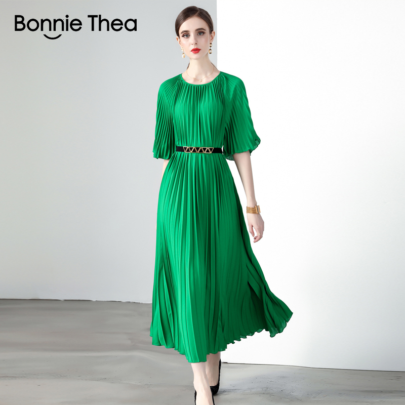 

Casual Dresses Miyake Summer Pleated Long Dress Women ONeckLaceup Belt Solid Loose Large Size Splicing Vintage Slim ALine Dress 230420, Green