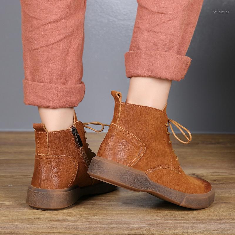 

Boots Autumn And Winter Retro Leather Female Casual Wild Cross Straps Round Head Flat Bottom Beef Tendon Short Boots1, Black