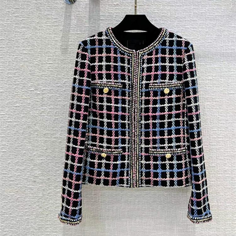 

Fur European and American women's wear spring 2022 new Long sleeve plaid sequins Round collar Fashion gold button tweed coat, Black