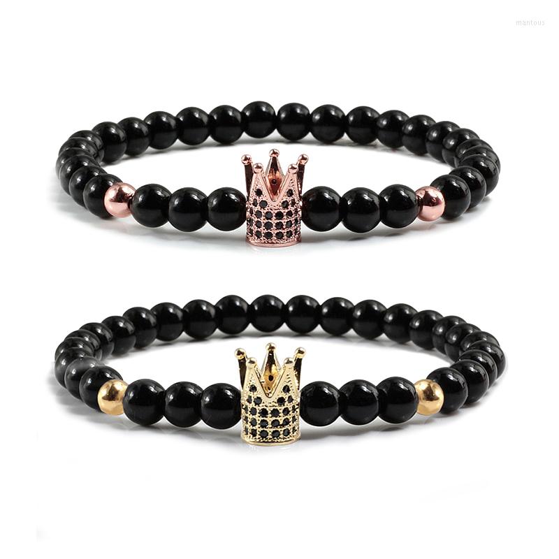 

Strand Couple Bracelet King Queen Micro Pave CZ Crown 6mm Natural Stone Beads His Her Bracelets Bangles Trendy Jewelry Gifts Pulseira