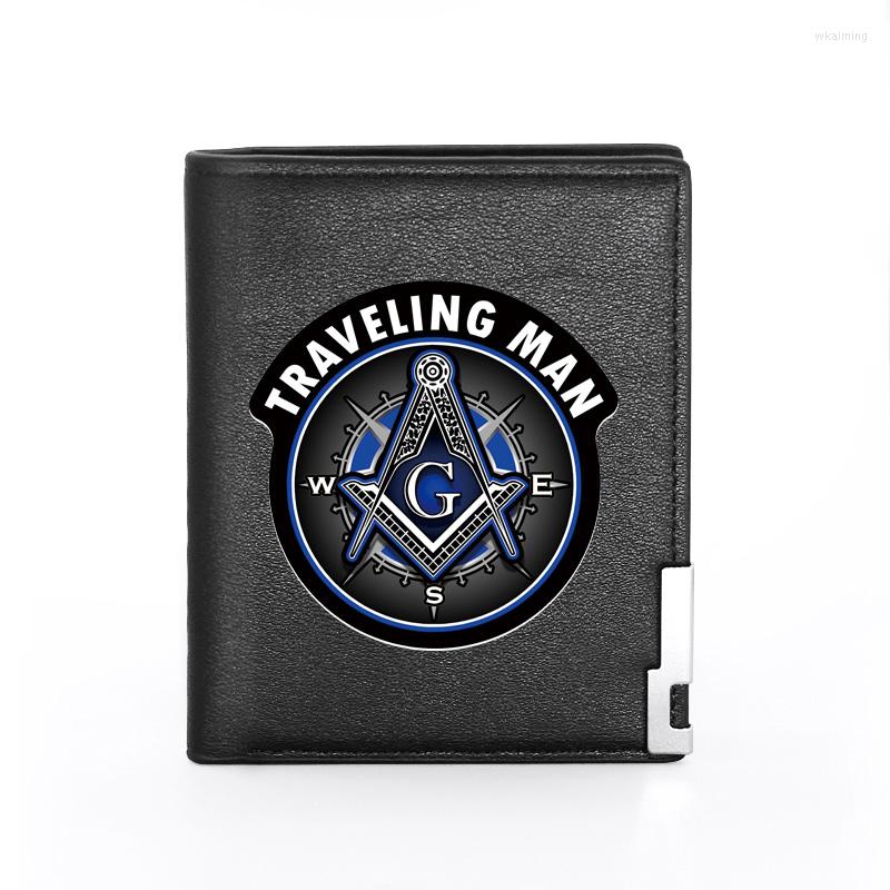 

Wallets Men Leather Wallet Freemasonry Compass Traveling Man Cover Billfold Slim /ID Holders Inserts Money Bag Short Purses, Black