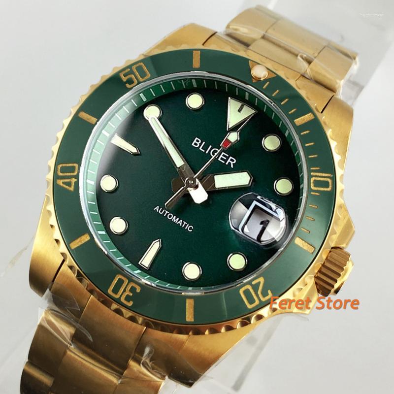

Wristwatches 40mm Watch Sterile Luminous Green Dial Yellow Gold Stainless Steel Case Japan Sapphire Glass NH35A Automatic Mens