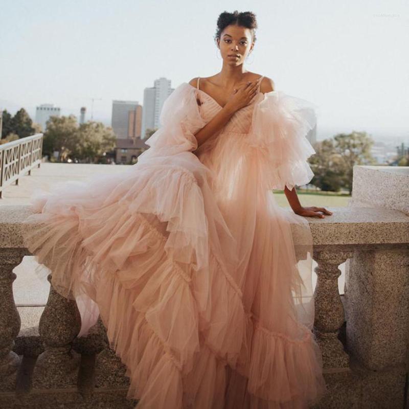 

Party Dresses Pretty Pink See Thru Tulle Prom Ruffles Tiered A-line Gowns Puff Full Sleeves Women Long Robe Plus Size, Same as image