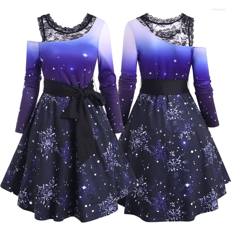 

Casual Dresses Elegant Lace Panel Open Shoulder Dress With Belt For Women Christmas Snowflake Knee Length A-Line Party Vestidos XXL, Deep blue