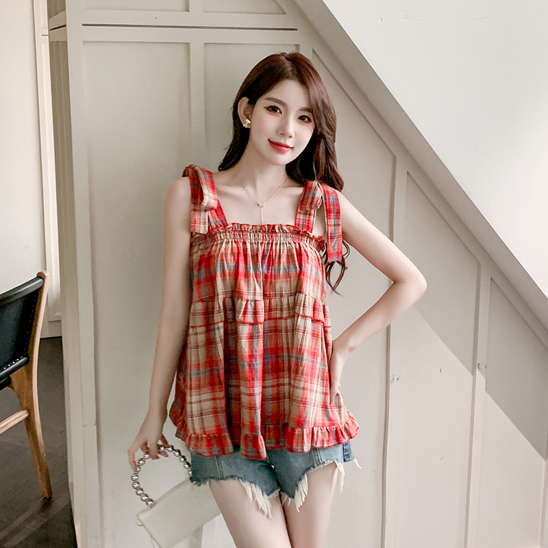 

Camisoles Tanks Plaid Sleeveless T-shirt Top Women Vest Summer New Sweet and Spicy Girl Red Temperament Tank Tops Female Tees 230420