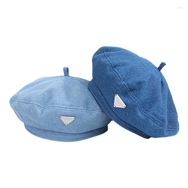 

Berets Female Beret Denim Blue Minority Alphabet Triangle Painter Cap Retro Casual Spring Summer Vintage Octagonal, Sky blue