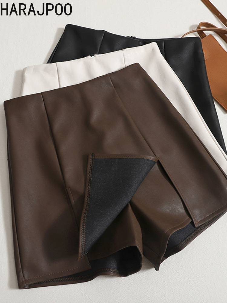 

Women' Shorts Harajpoo Woman Temperament PU Leather Skirt Autumn Winter New Fashion Solid Outer Wear Thin Casual Wide-leg Shorts Skirts 230420, Black