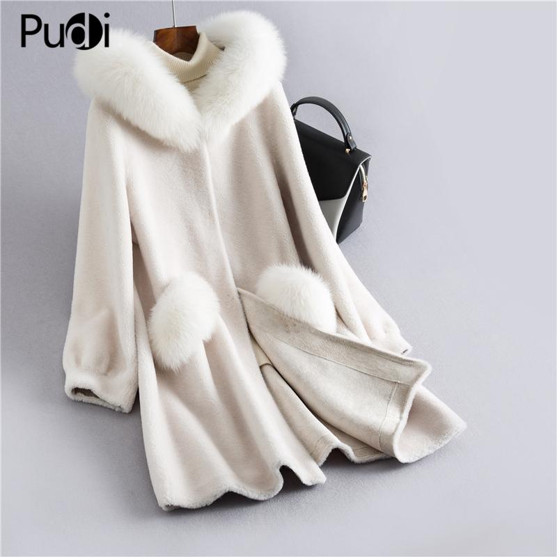 

Fur PUDI H915 Women Winter Real Wool Fur Oversize Jacket Vest Genuine Fox Collar Hood Leisure Girl Fur Coat Lady Jacket Overcoat, White