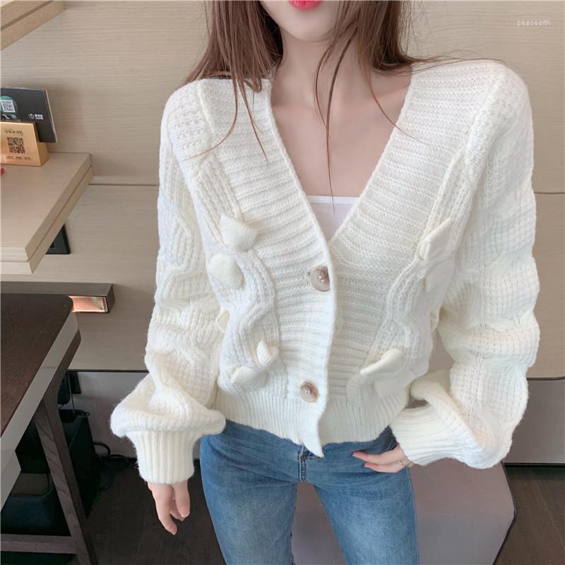 

Women's Knits Female Korean Sweet Bowknot Short Sweater Coats Autumn Long Sleeve V-neck Knitted Cardigan 2023 Causal Women Solid Jacket, Black