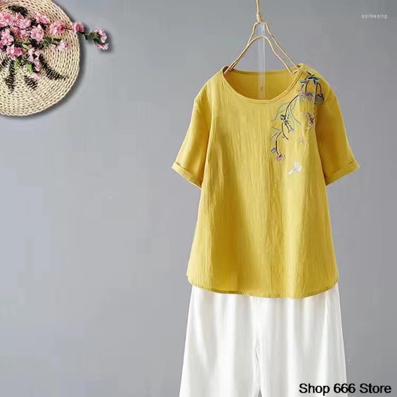 

Ethnic Clothing Chinese Women Clothes Vintage Cotton Linen Shirts Tops Comfortable Summer Embroidered Top Retro Zen Hanfu Loose Tee Short