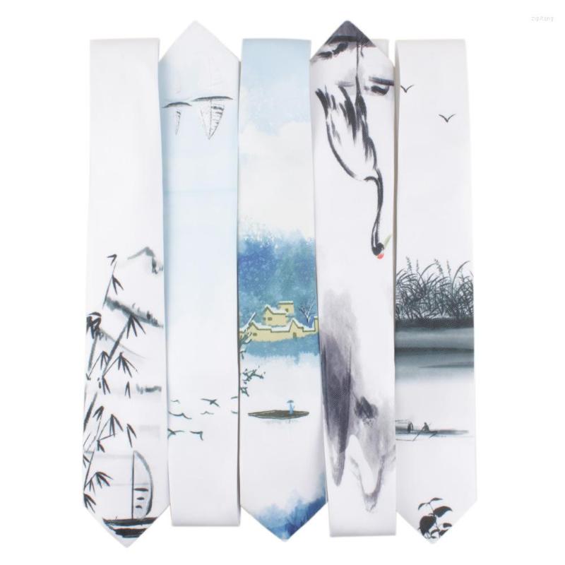 

Bow Ties Men's Printed Tie Casual Banquet Suit Shirt Accessories Yarn-dyed Polyester Silk White Fine Novelty Landscape Painting Necktie