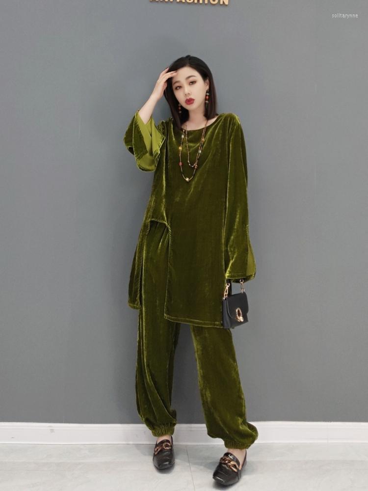 

Women's Two Piece Pants Spring 2023 Female Suit Pleuche Long-sleeved Blouse Mouth Trousers Languid Is Lazy Beam Wind Leisure Comfortable Big, Green