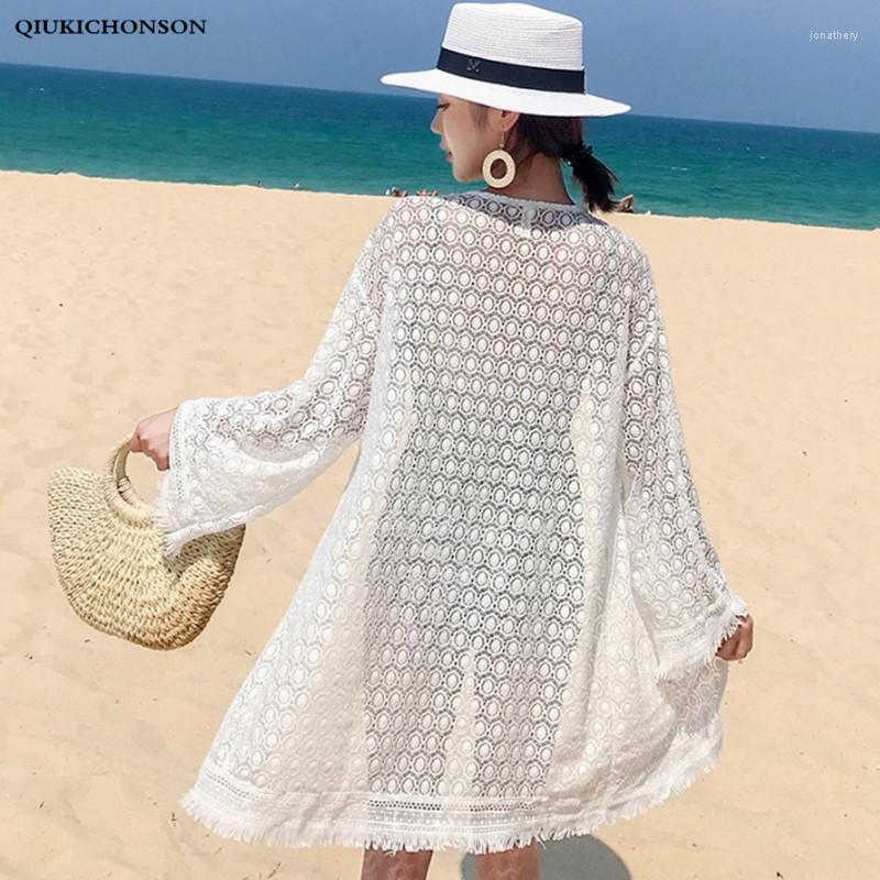 

Women's Blouses Women Long Summer Cardigan Lace Top Ladies Seven Sleeve Hollow Out Crochet Polka Dot Blouse Sun-proof Bohemian Beach Kimono, White