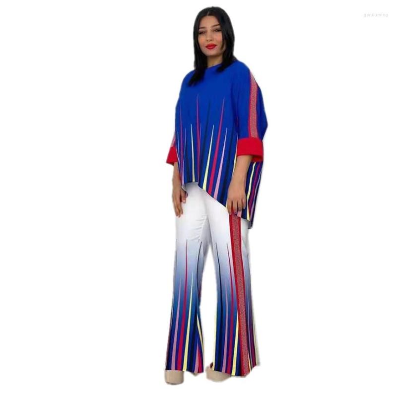 

Women's Two Piece Pants African Women Suit 2023 Turkish Clothes Diamond Print 2-piece Set Long Tops And Fashion Female Outfit Casual Work, Blue