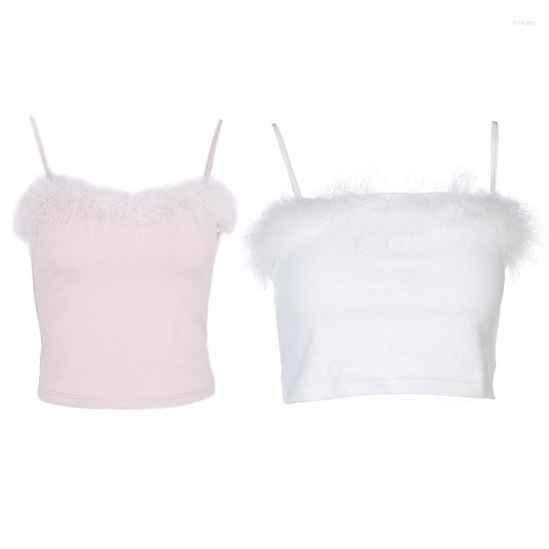 

Women' Tanks Womens Sexy Fluffy Plush Trim Crop Top Spaghetti Strap Solid Color Feather Bandeau Vest Slim Fit Backless Camisole N2UE, White