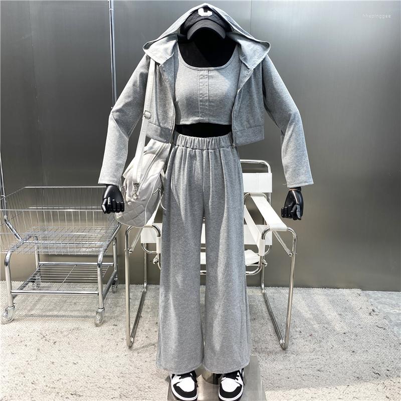 

Women's Two Piece Pants 2023 Hooded Long Sleeve Zipper Loose Coat Vest Elastic Waist Straight Tube Wide Leg Leisure Sports 3 Pieces Suit, Black
