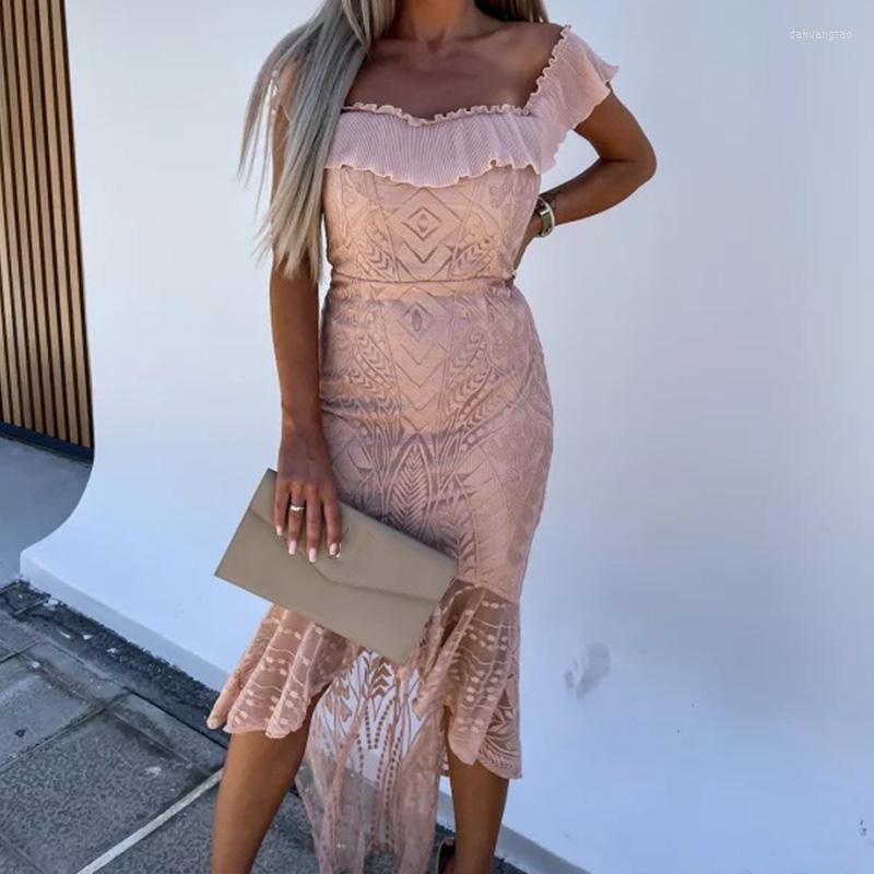

Casual Dresses Summer Fashion Female Off Shoulder Lace Mesh Party Dress Elegant Solid For Women 2023 Chic Lady Bodycon Midi, 02 pink
