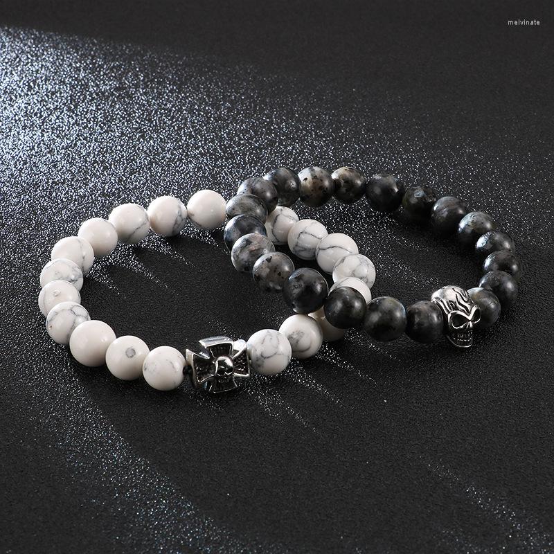 

Bangle 10mm White Turquoise Natural Stone For Men's Simple Versatile Handmade Beaded Titanium Steel Skull Bracelet Couple