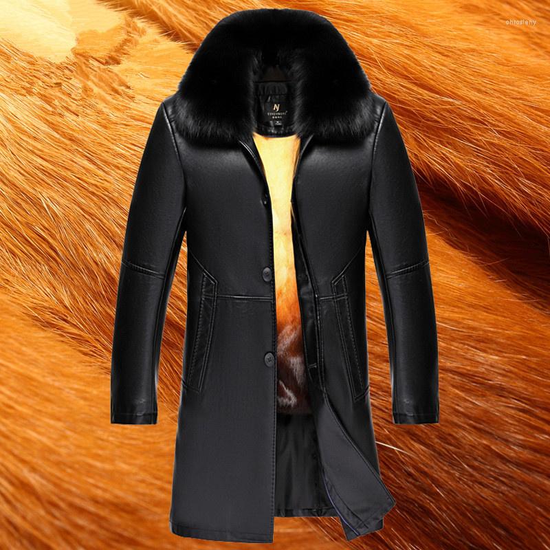 

Men's Leather Winter 2023 Clothing Middle-Aged Elderly Collar Overcoming Mid-Length Gold Rex Liner Fur Male Jacket, Picture color 1