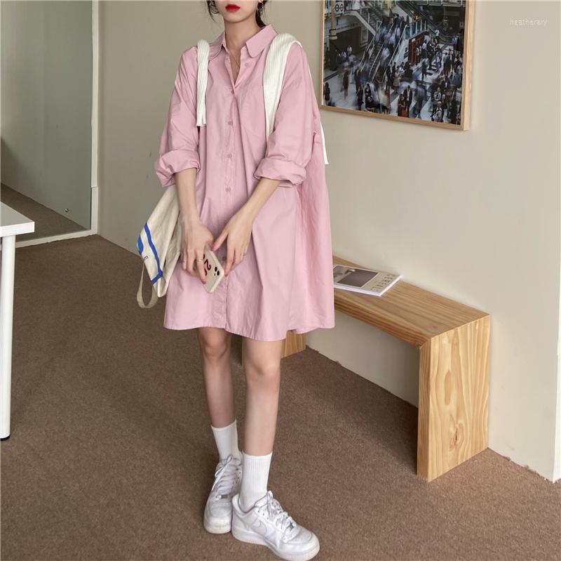 

Casual Dresses Pink Midi Dress Sweet Cute Girl's Long-sleeved Shirt Women Spring Summer 2023 Design Sense Niche Loose, Green