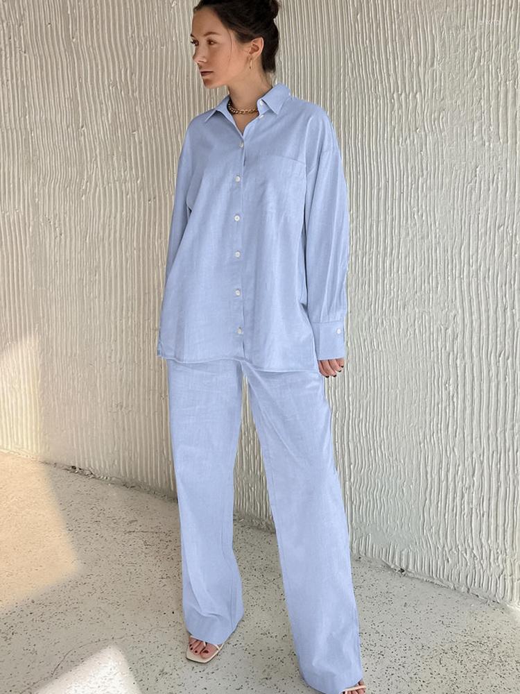 

Women' Sleepwear Loose Women' Home Clothes 2 Piece Sets Blue Long Sleeve Pajamas Casual Female Trouser Suits 2023 Spring Solid