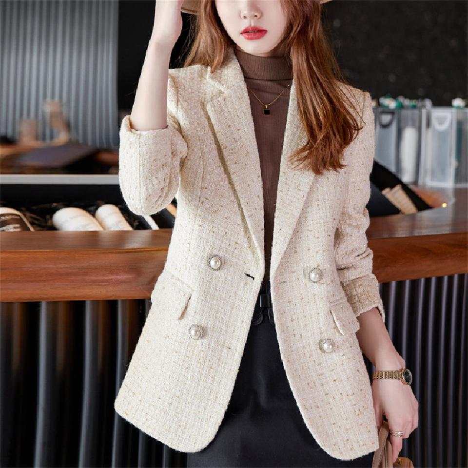

Pants Women Casual Woolen Blazer Fashion Korea Blazers Jackets Work Coat Outerwear Autumn Career Female Jacket Office Lady, Apricot