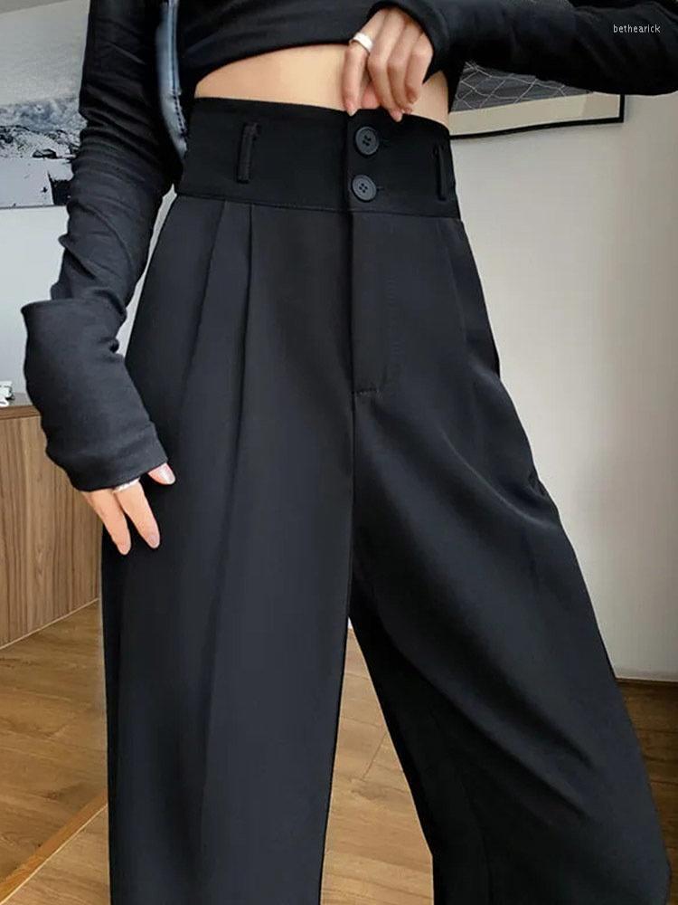 

Women's Pants Black Suit For Women Korean 2 Buttons Wide Leg Trousers Vintage Streetwear High Fashion Office Ladies Work Button