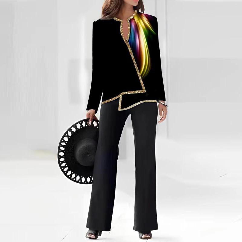 

Women' Two Piece Pants Women 2 Outfits Casual Long Sleeve Top Christmas For Dressy Grandmother Of The Bride Dresses With Jackets, Black