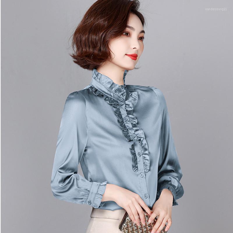 

Women's Blouses #2507Silk Woman Tops And Ruffles Solid Color Stand Collar Satin Shirt Button Long Sleeve Elegant Office Lady, Red