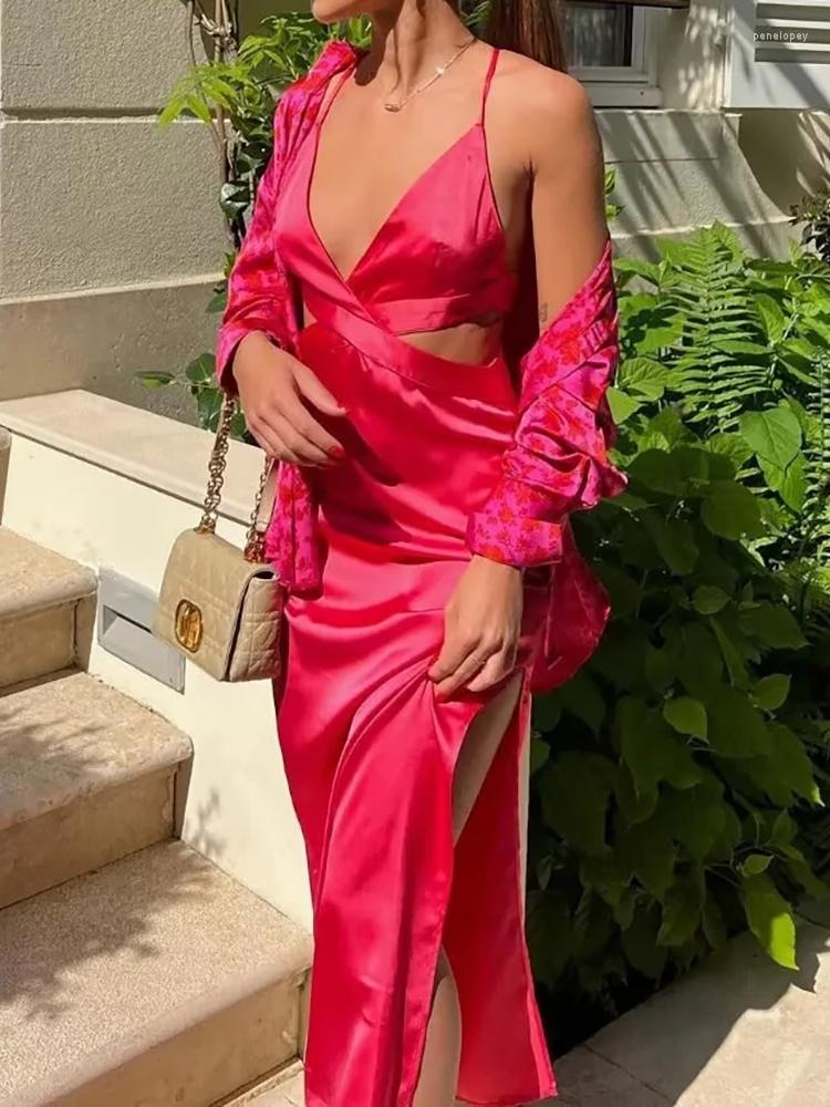 

Casual Dresses Evfer Summer Elegant Ladies V-Neck Sleeveless Red Spaghetti Strap Long Girls Hollow Out High Waist Blue Backless Dress
