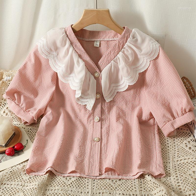 

Women's Blouses Summer Style Plaid Lace Doll Collar Shirt Women's French Sweet Bubble Sleeve Single Breasted, Green