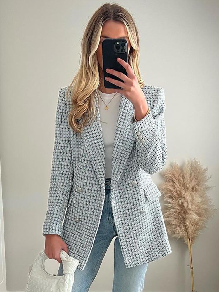 

Pants Blazers Suits For Women 2022 Office Elegant Peak Lapel Check Tweed Blazer Long Sleeve Double Breasted Blazer Jacket With Pockets, Blue