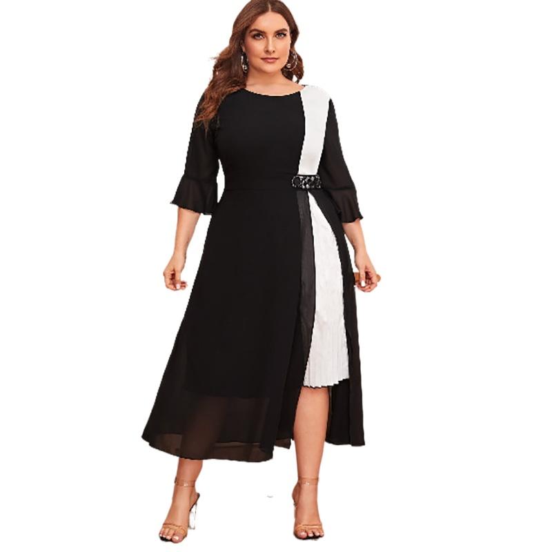 

Casual Dresses Sleeve Dress Plus Size Maxi Long White And Black Contrast Color Elegant Women Summer Three QuarterCasual