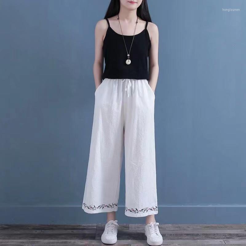 

Ethnic Clothing Comfortable Cotton Linen Wide Leg Pants Summer Female Straight Loose Casual Women's Embroidered Adjustable Waist