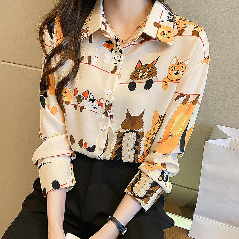 

Women' Blouses Loose Shirt Cute Cartoon Animal Graffiti Lapel Long Sleeve Chiffon Blouse 2023 Office Lady Casual Harajuku Fashion, White