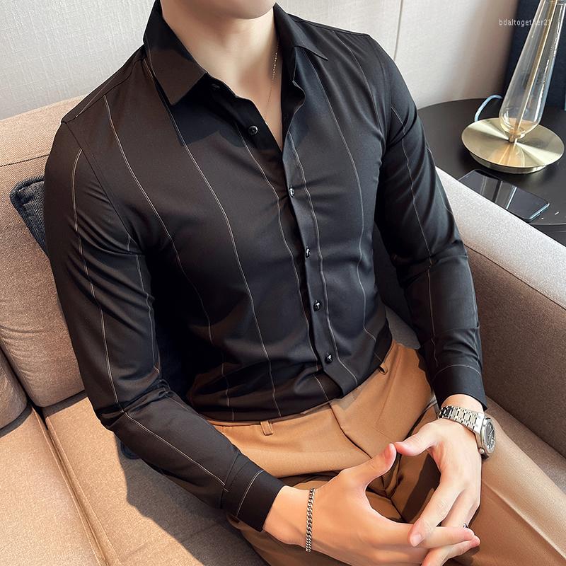 

Men's Casual Shirts High Quality Business Formal Wear Long Sleeve Men Clothing Dress Tuxedo Anti-Wrinkle Slim Fit Striped Shirt Blouse, White