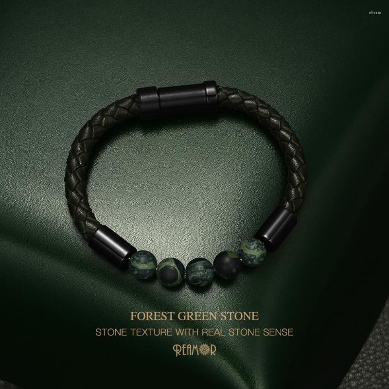 

Charm Bracelets REAMOR Forest Green Natural Stone Texture Men Retro Genuine Braided Leather Stainless Steel Embedded Clasp Bangles
