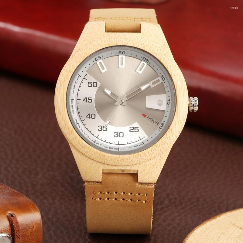 

Wristwatches Creative Alloy Dial Hour And Minute Functions Display Bamboo Wood Watch Unique Men's Leather Band Quartz Relogio Masculino, Brown