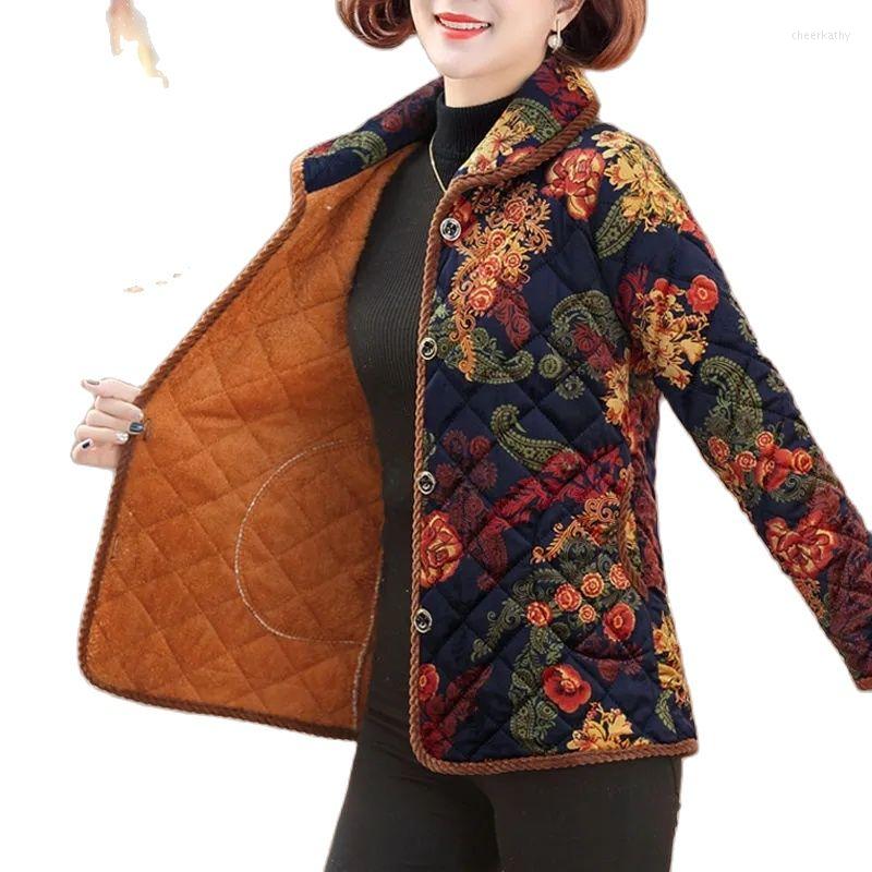 

Women's Trench Coats Middle-Aged Elderly Mothers Spring Autumn Thin Cotton Keep Warm Down Clothes Add Velvet Small Padded Jacket Female Coat, Flower1