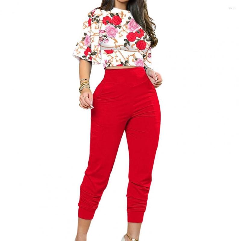 

Women' Two Piece Pants 2pcs/Set Summer Women Outfit Blouse Shirts Flower Printing Two-piece Set T Top Long Suits Sets, Red