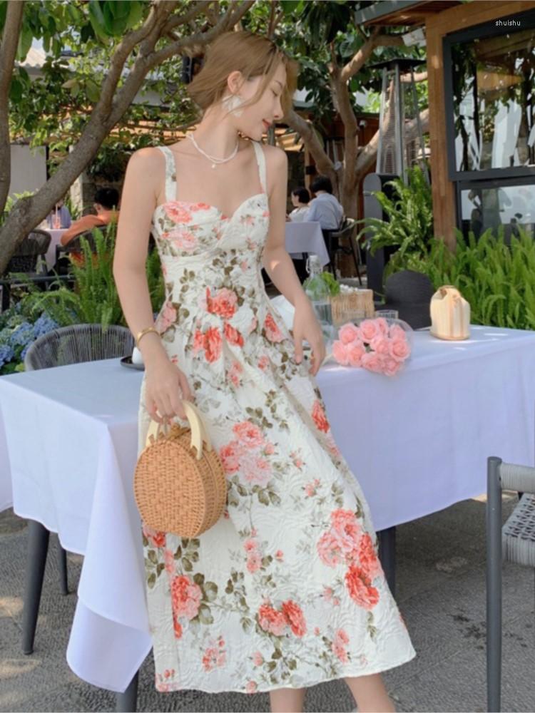 

Casual Dresses Fashion Summer Korean Vintage Floral Maxi Party Birthday Dress Ladies Elegant Sexy Strap Sleeveless Beach Vacation, Beige