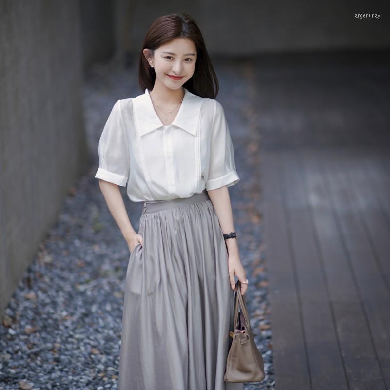 

Work Dresses 2023 Women Elegant Two Piece Office Set Summer Fashion OL White Temperament Shirt High Waist A Line Long Skirt Gentle Suit, Picture color