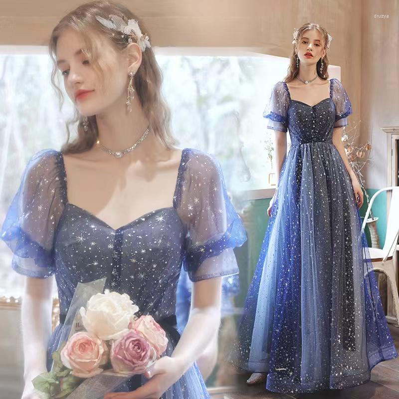 

Runway Dresses Sparkle Blue Celebrity Puff Sleeves Square Neck Sexy Backless Slim Tulle A-Line Floor-Length Evening Banquet Party Gowns, Photo color