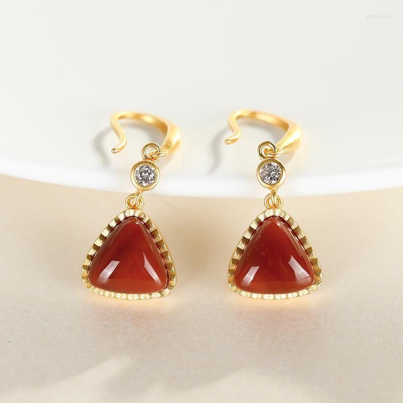 

Dangle Earrings Original Ancient Gold Craftsmanship Southern Red Tourmaline Triangle Geometric Chinese Retro Charming Female Jewelry
