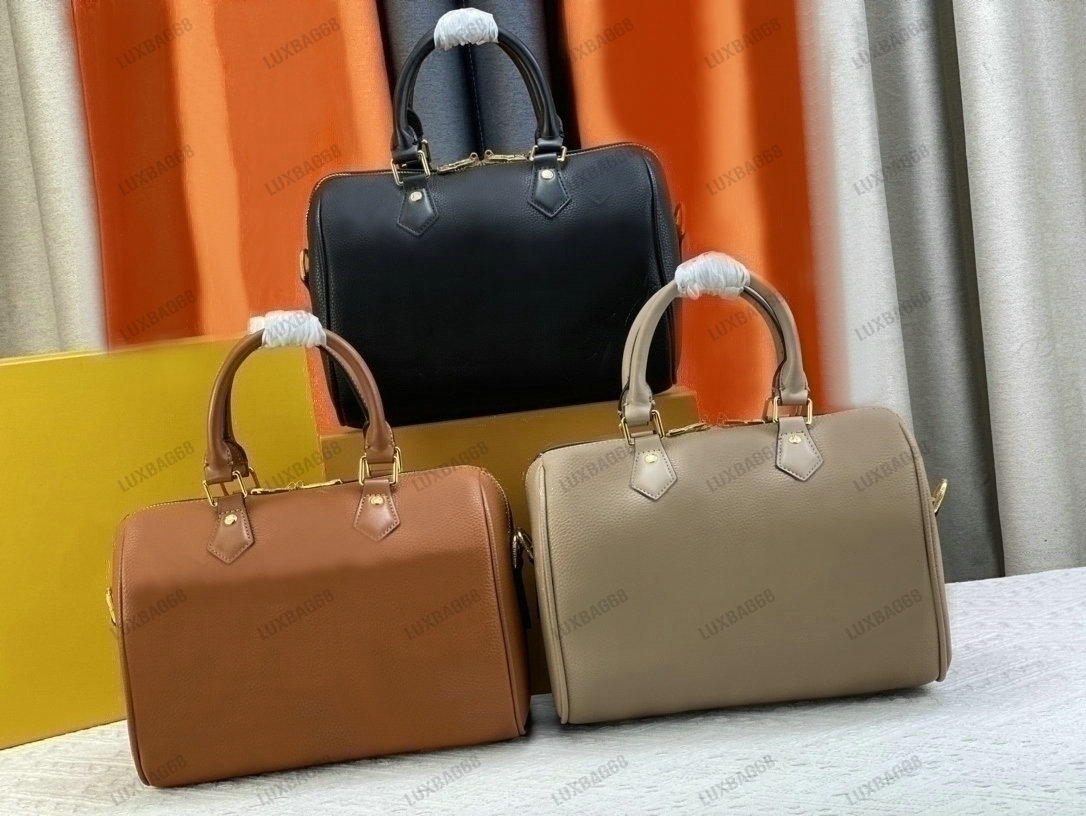 Women Designer Pillow Bag Cognac Brown Speedy Bandouliere 25 Handbag Grained leather Boston Bags Embossed Oversized Monograms Crossbody Handle Pu-image-817898793