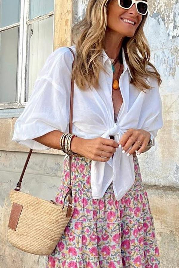 

Women' Blouses WildPinky Summer Turn Down Collar Women' White Tops And Fashion Casual Half Sleeve Tie Up Shirts Female Slim Blusas