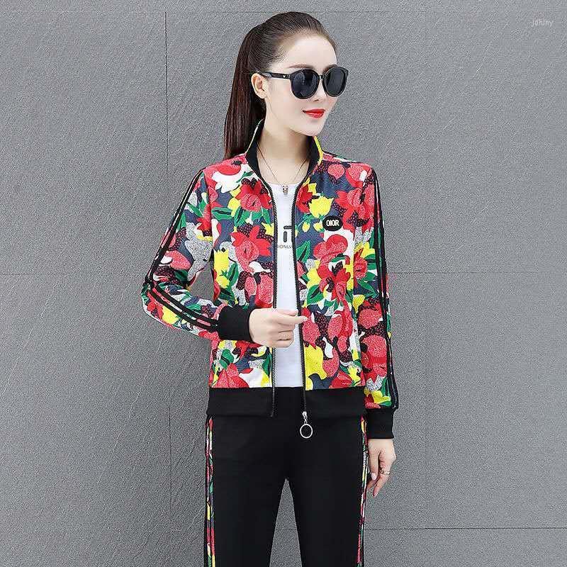 

Women's Two Piece Pants Fashion Print Tracksuit 3 Sets Women Outfit Casual Stand Zip Up Jacket T-Shirt Spring Jogging Sweatsuit, Green 3 pieces