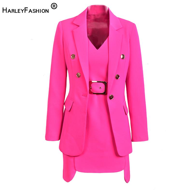 

Dress Women Two Piece Dress Set High Street Neon Color Slim Design Luxury Quality Chic Blazer Suits, Rose red