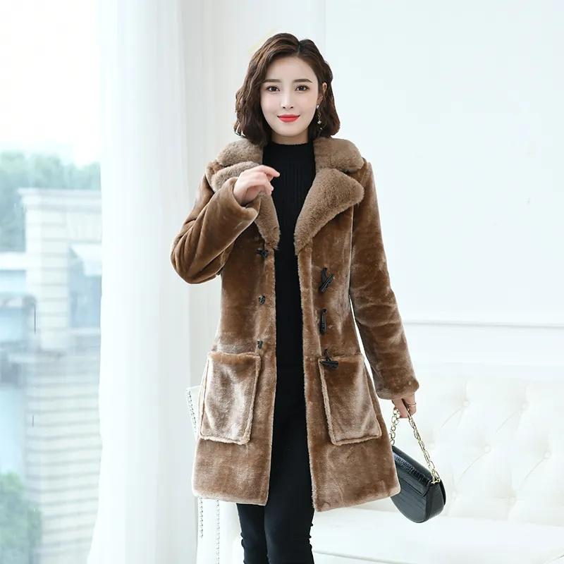 

Fur Women Sheep Shearing Midlength Coat Imitation Fur Autumn Winter New Imitation Fox Fur Collar Slim Korean Loose Fur Jacket A734, Olive brown